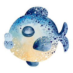 Watercolor illustration of a cartoon fish. Marine inhabitants of the underwater world. illustration isolated on white background. education, postcard, sticker, sublimation.