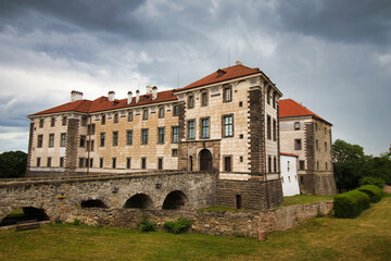 Nelahozeves Chateau, finest Renaissance castle during summer storm, Czech Republic.