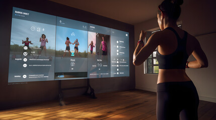 AI fitness coach guiding a home workout session on a large screen