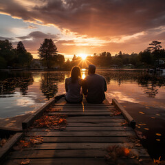 A tranquil shot of a sunset over a lake during summer, with a wooden dock leading into the calm water. A couple sits at the edge of the dock, their legs dangling over the side as they enjoy the view.  - obrazy, fototapety, plakaty