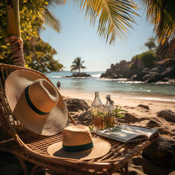 A serene image of a hammock strung between two palm trees on a sandy beach, with the ocean waves gently lapping at the shore. A straw hat and a book lie next to a refreshing drink. AI digital art.