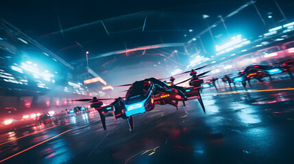 drone racing event, depicting drones darting through a neon-lit track against the night sky