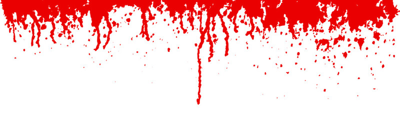 Red blood drip top border on white background. Scarlet paint, wine or sauce splash on wall. Watercolor spatter texture. Abstract vector illustration. Runny liquid ink. Horror grunge pattern