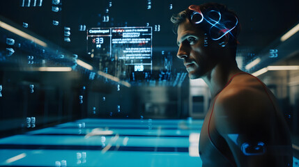 AI swimming coach analyzing an athlete's technique in a high-tech swimming pool