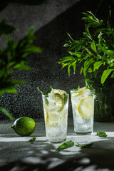 Cocktail with lemon and mint on a dark background. Lemonade