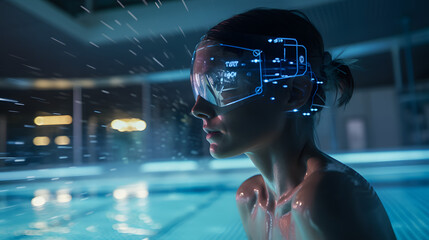 AI swimming coach analyzing an athlete's technique in a high-tech swimming pool
