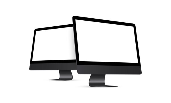 Two Modern Black Desktop PC With Perspective Side Views, Isolated on White Background. Vector Illustration