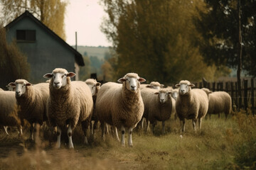 Fototapeta premium A flock of sheep grazing in a field in the countryside, AI Generated