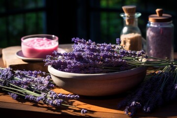 Obraz na płótnie Canvas Lavender flowers in the bowl and ingredients for aromatherapy in bottles, still life, sunlight, atmospheric photo
