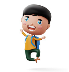 Happy child with bag, cute boy cartoon character, 3d rendering