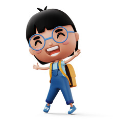 Happy child with bag, cute girl cartoon character, 3d rendering
