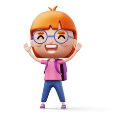 Happy child with bag, cute girl cartoon character, 3d rendering