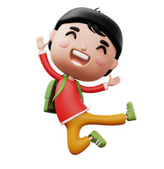 Happy child with bag, cute boy cartoon character, 3d rendering