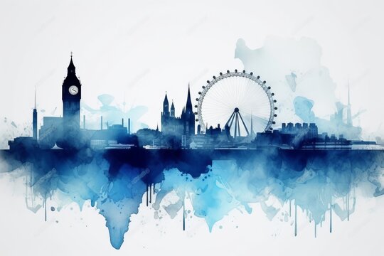 london city skyline, A Captivating Watercolor-style Blue Silhouette of London's Iconic Skyline, Set against a White Background, Uniting Bavarian Artistry with London's Vibrant Charm