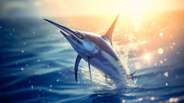 Blue marlin (Makaira nigricans) jumping from the water in the ocean