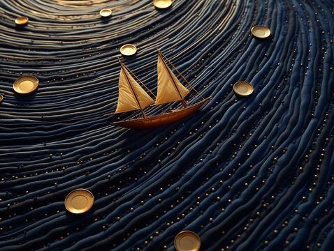 Belle image d'un bateau fantastique fait de tissu et d'or