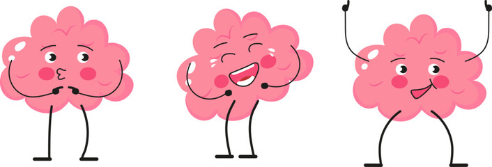 Cartoon brain emoji, emotion brainy vector set. Brainstorming set character in different emotions