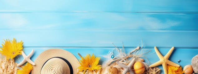 Blue wooden background with beach objects, straw hat and seashells. summer background, Generative AI