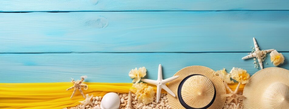 Blue wooden background with beach objects, straw hat and seashells. summer background, Generative AI