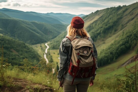 Girl with camping backpack walking on trail in mountains with green vegetation, Generative AI