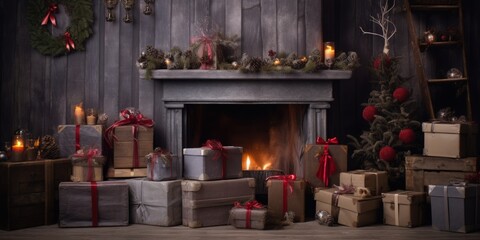 Fototapeta na wymiar Christmas scenery in home interior with black wooden wall, fireplace, Christmas tree, gifts, candles and decor, Generative AI