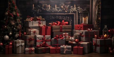 Christmas scenery in home interior with black wooden wall, Christmas tree, gifts, candles and decor, Generative AI