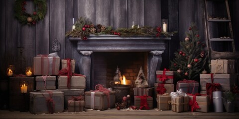 Christmas scenery in home interior with black wooden wall, fireplace, Christmas tree, gifts, candles and decor, Generative AI