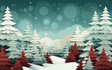 Christmas card with trees, snow and clouds, paper cutouts and minimalist style, Generative AI