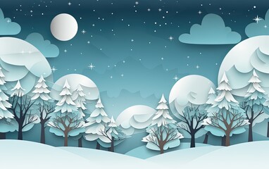 Christmas card with trees, snow and clouds, paper cutouts and minimalist style, Generative AI