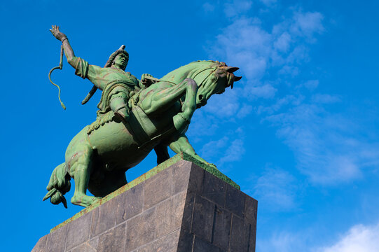 Ufa, Russia-May 06, 2023: Monument to Salavat Yulaev, Bashkir national hero, by sculptor Soslanbek Tavasiev. It is installed on high bank of Belaya River in Ufa. Largest equestrian statue in Europe.