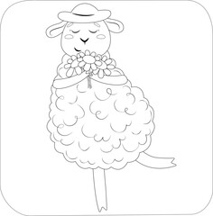 Coloring page with a sheep in a hat and flowers