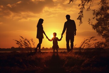 Fototapeta na wymiar Silhouette of family with mother and father walking with their son outdoors at sunset, Generative AI