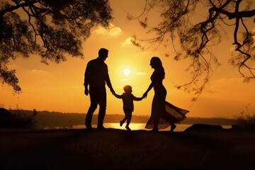 Fototapeta na wymiar Silhouette of family with mother and father walking with their son outdoors at sunset, Generative AI