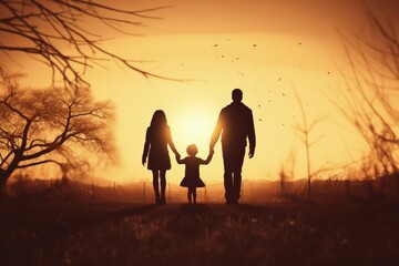 Fototapeta premium Family silhouette with father and mother walking with their daughter outdoors at sunset, Generative AI
