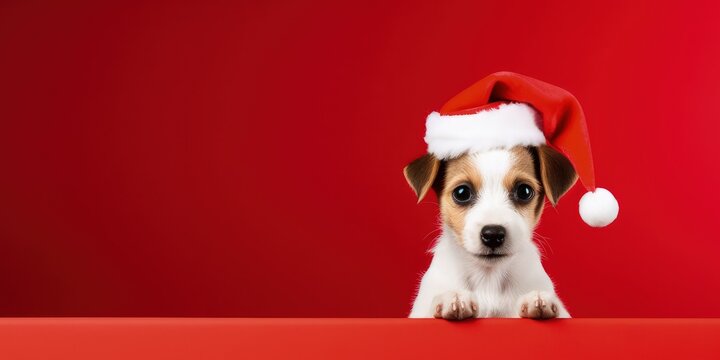 Dog with santa claus hat isolated on red background, little dog with red hat, Generative AI