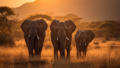 Naklejka na ściany i meble African elephant herd grazes in tranquil savannah generated by AI