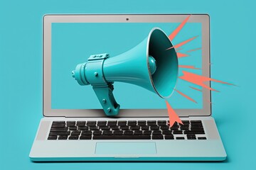 Laptop with megaphone on screen, marketing concept, blue background, Generative AI	