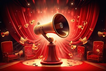 Megaphone on presentation stage with lights and red curtains in the background. Marketing concept for launch, Generative AI