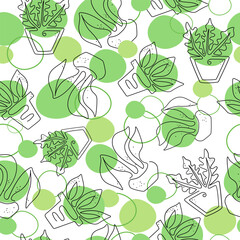 Pattern seamless. Home plants in pots. A set drawn  line art style. Colored spots green. Vector graphics isolated background.	