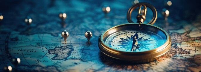 Antique compass close up on top of blued map, Generative AI - obrazy, fototapety, plakaty