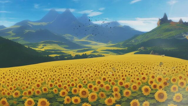 Panoramic view of nature sunflower field and blue sky in Japanese anime watercolor painting illustration style. seamless looping video animated virtual background.