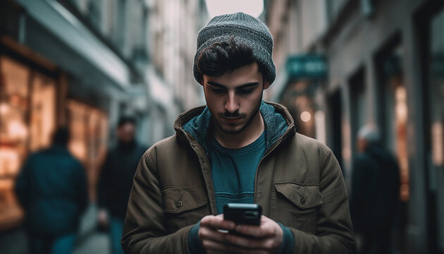Caucasian man in hooded shirt texting on phone generated by AI
