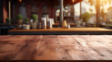 Empty Wooden Table Surface, blur kitchen interior background. Ideal for Product Placement as a Backdrop. Ai generative.