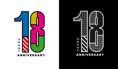 18th anniversary logo set, eighteen years badge, colorful logo for holiday event, invitation, congratulations, web template, flyer and booklet, retro symbol, color logo