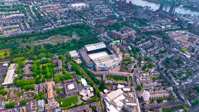 Aerial view of a football stadium in London's district of Chelsea, England