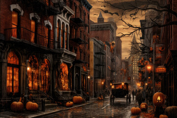 Obraz premium Home interior decorated with Halloween pumpkins, AI Generated