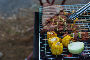 Meat and skewers ingredients for barbecue party are placed on grill to cook barbecue and make it ready for family to join barbecue party tonight.  party background image has Copy Space for text.