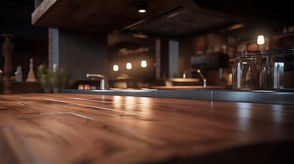 Empty Wooden Table Surface, blur kitchen interior background. Ideal for Product Placement as a Backdrop. Ai generative.