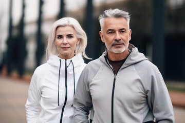 senior couple in sportswear looking at camera while standing in city, Generative AI