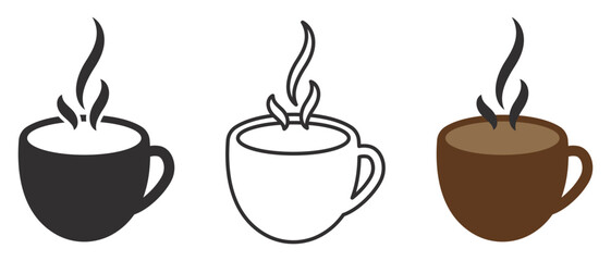 Set of coffee cup icons. Caffeine drink, vector cups with coffee. Cup coffe with steam, coffee or tea. Vector.